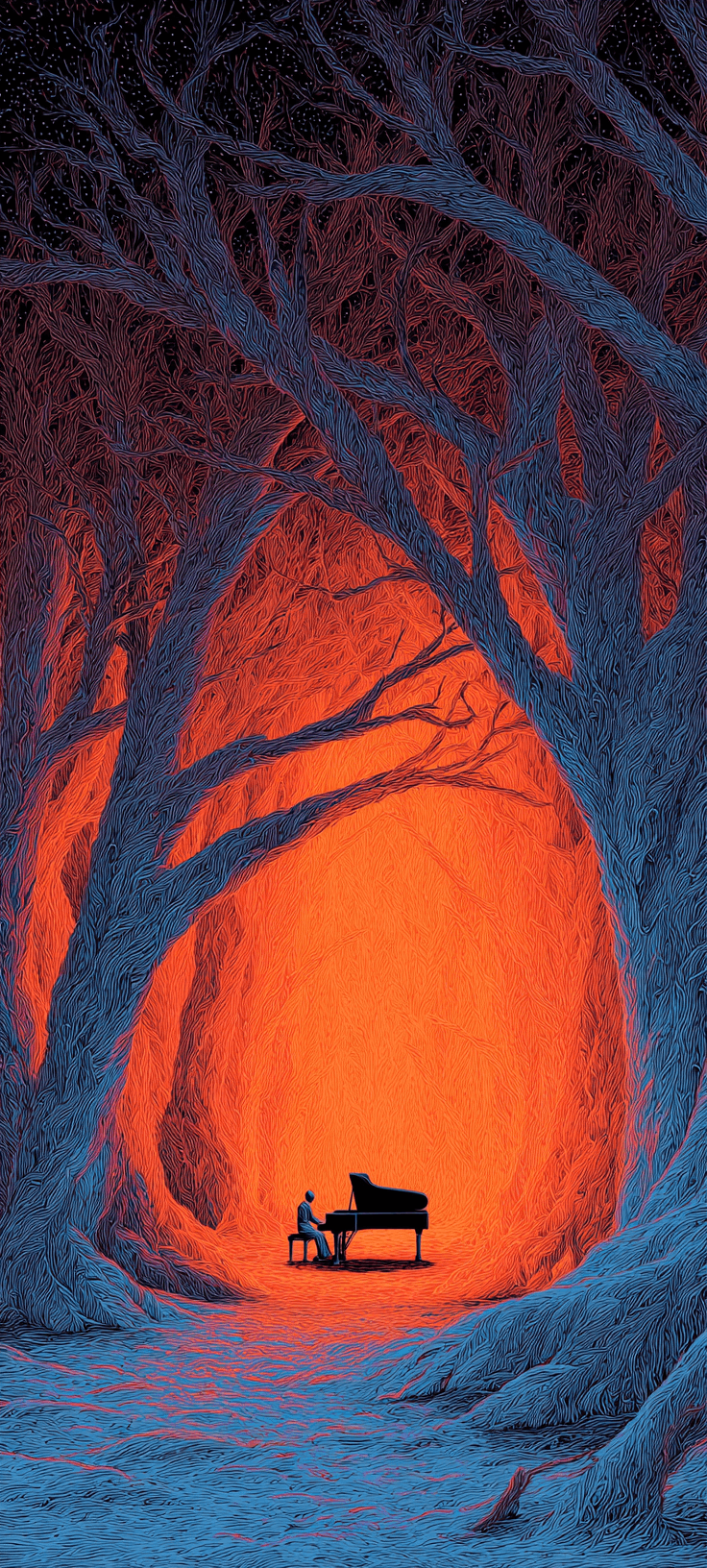 Surreal Grand Piano in Glowing Orange Portal Wallpaper