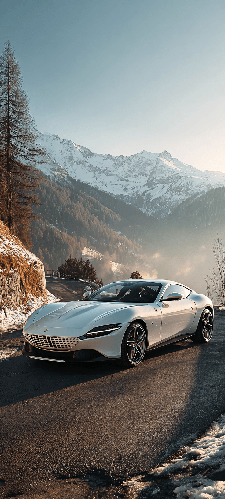White Ferrari Roma on a Snowy Mountain Road — Luxury Car Wallpaper