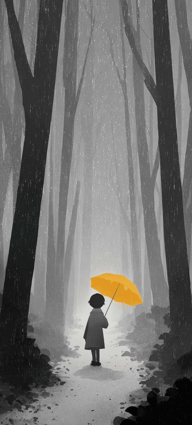 Small Boy with Yellow Umbrella in Rainy Forest