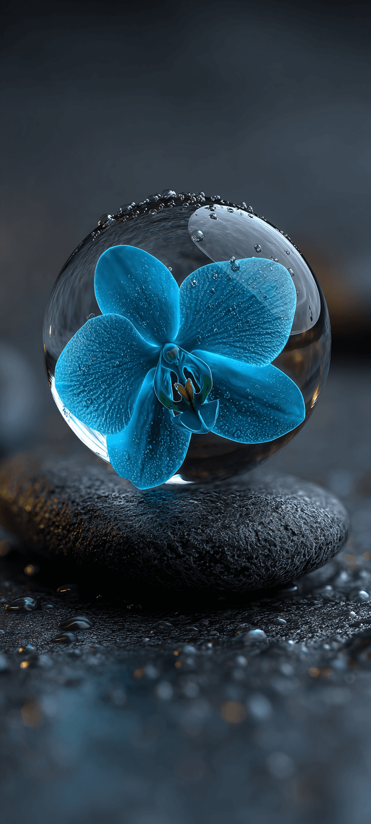 Blue Orchid in a Glass Orb — Moody Macro Wallpaper for Your Phone