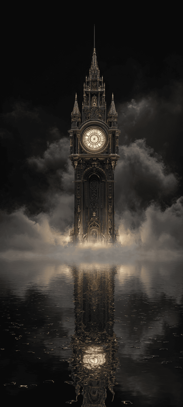 Gothic Clock Tower in Mist – Free Dark Mode iPhone Wallpaper