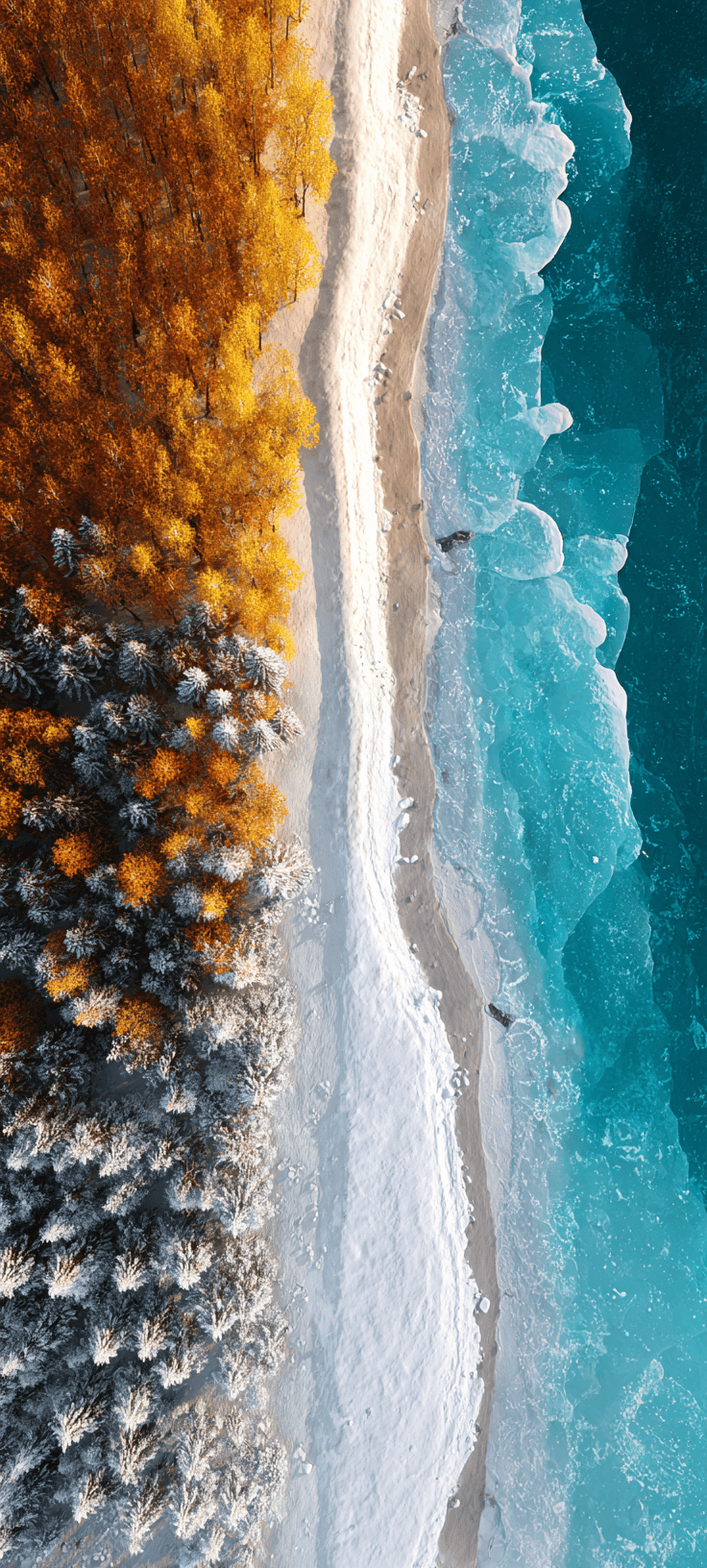 Aerial Snowy Autumn Forest Meets Turquoise Ocean Wallpaper