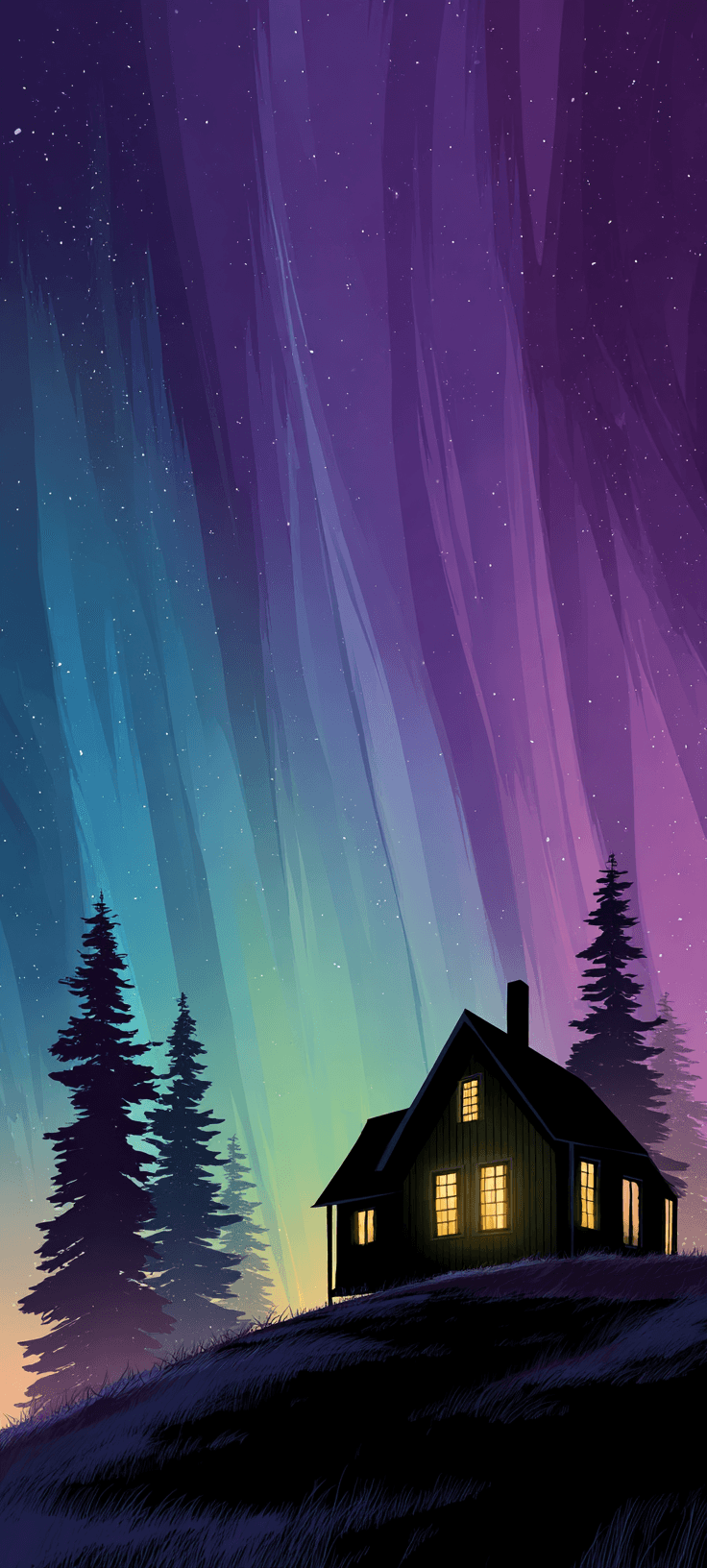 Cozy Cabin Under Northern Lights – Free Wallpaper for iPhone and Android
