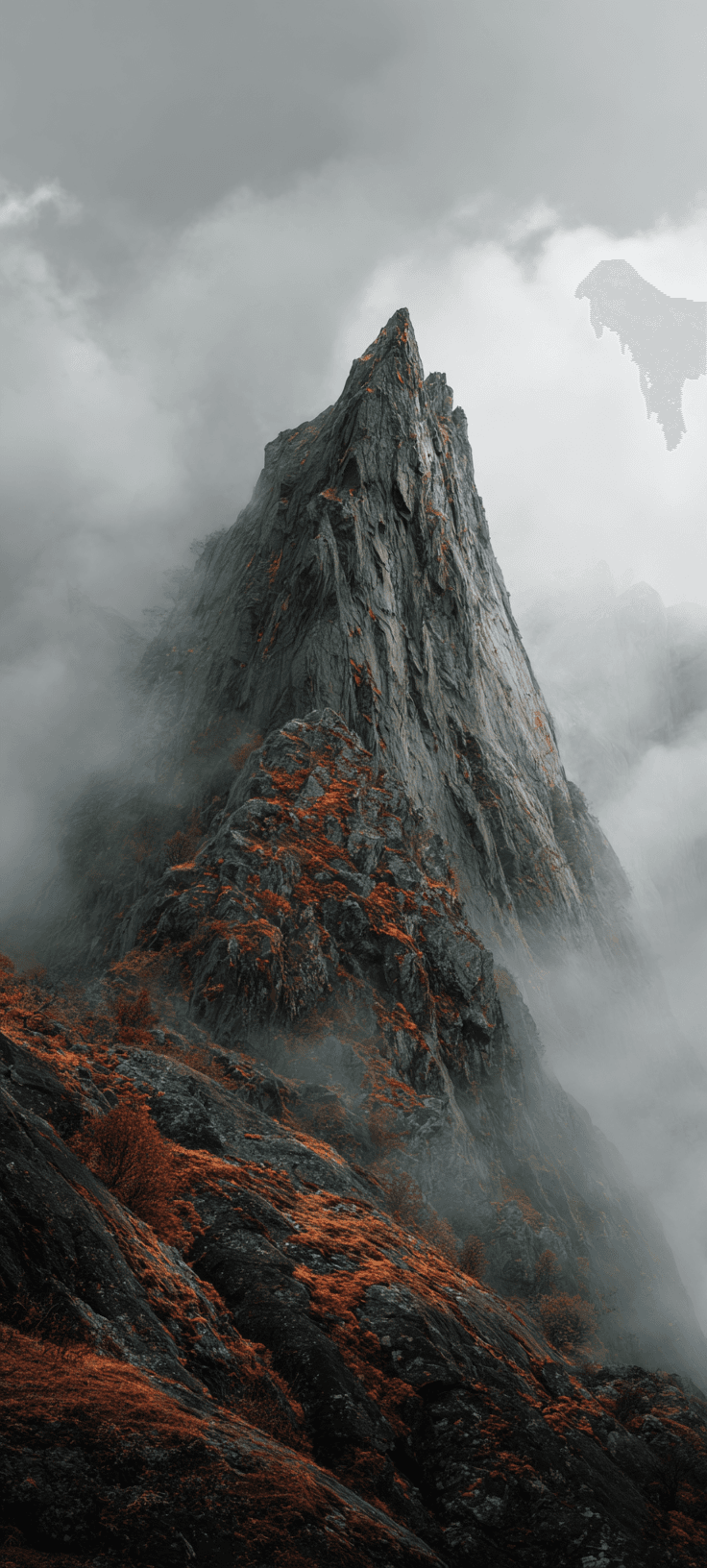 Jagged Mountain Peak in Autumn Fog — Moody Nature Wallpaper