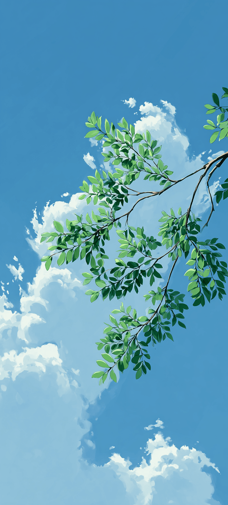 Minimalist Green Branch Against Blue Sky Anime Wallpaper