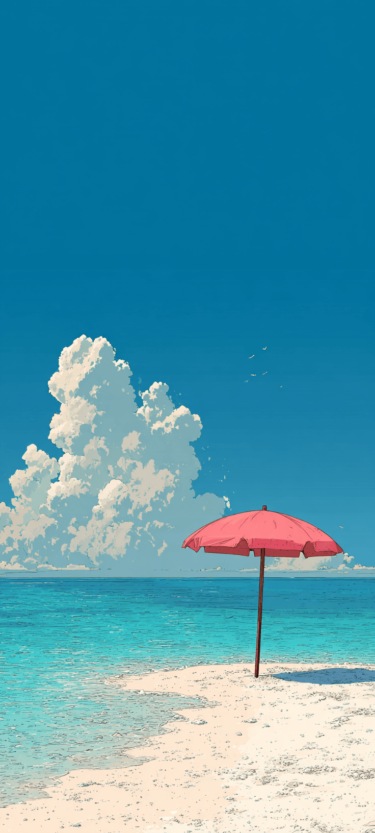 Pink Beach Umbrella on a Quiet Shore — Dreamy Summer Wallpaper