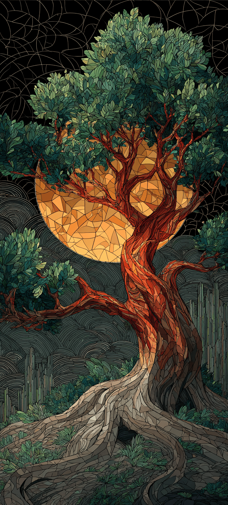 Ancient Stained Glass Banyan Tree – Free Wallpaper for iPhone and Android