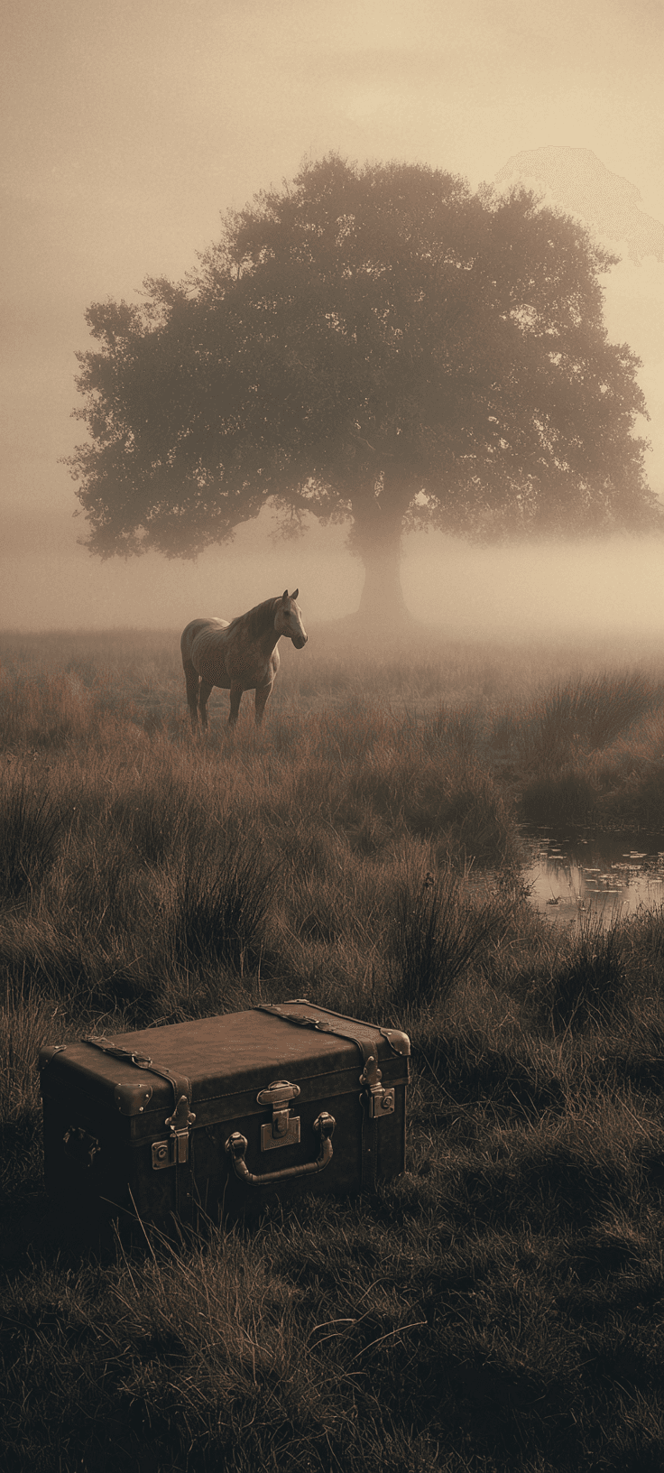 Misty Meadow with Vintage Suitcase and Horse — Dreamy Aesthetic Wallpaper