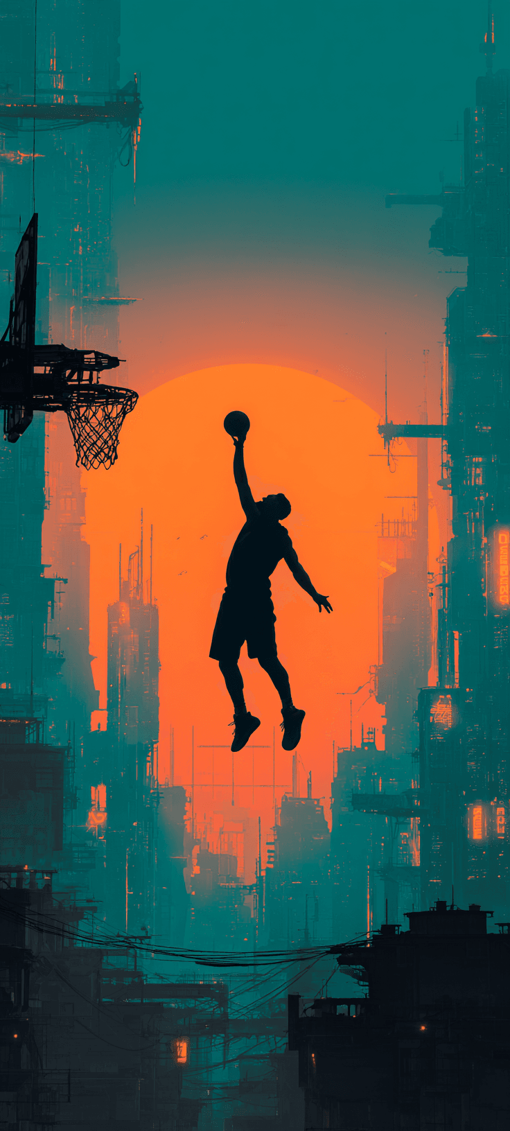 Cyberpunk Basketball Dunk Silhouette at Sunset