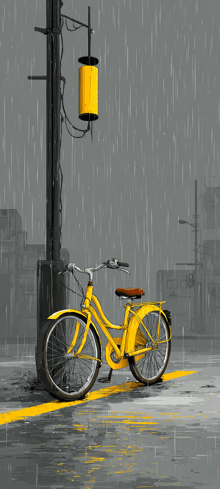 Yellow Bicycle in Rain Aesthetic Wallpaper with Minimal Urban Mood