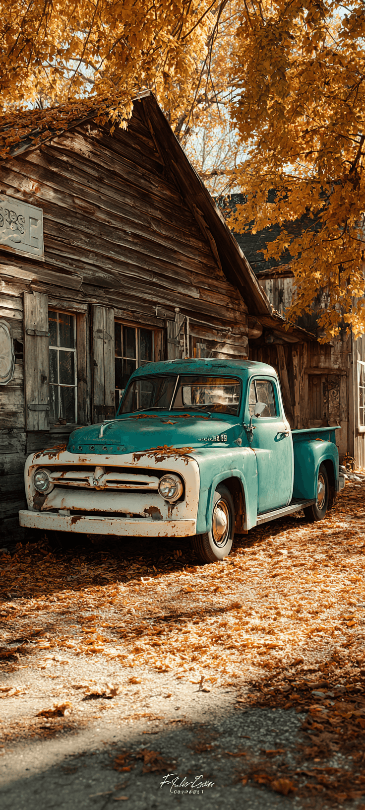 Vintage Teal Pickup Truck in Autumn — Rustic Aesthetic Phone Wallpaper