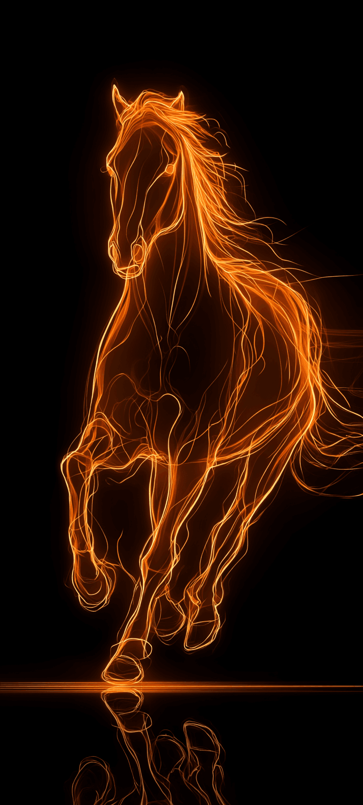 Golden horse silhouette made of fiery lines against a dark background, dynamic digital art mobile wallpaper