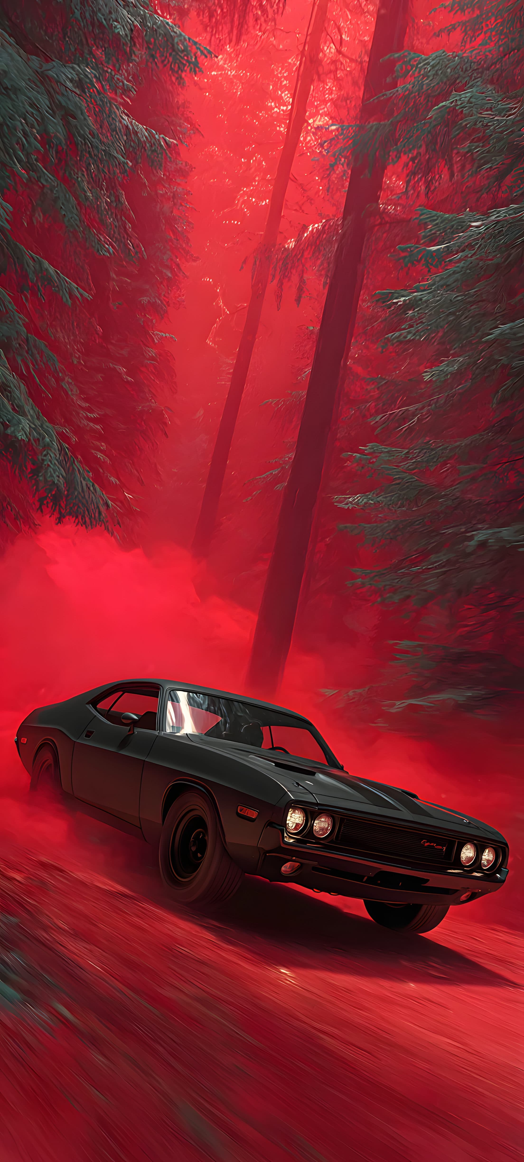 A black muscle car driving through a forest with red lighting, creating a dramatic and intense atmosphere.