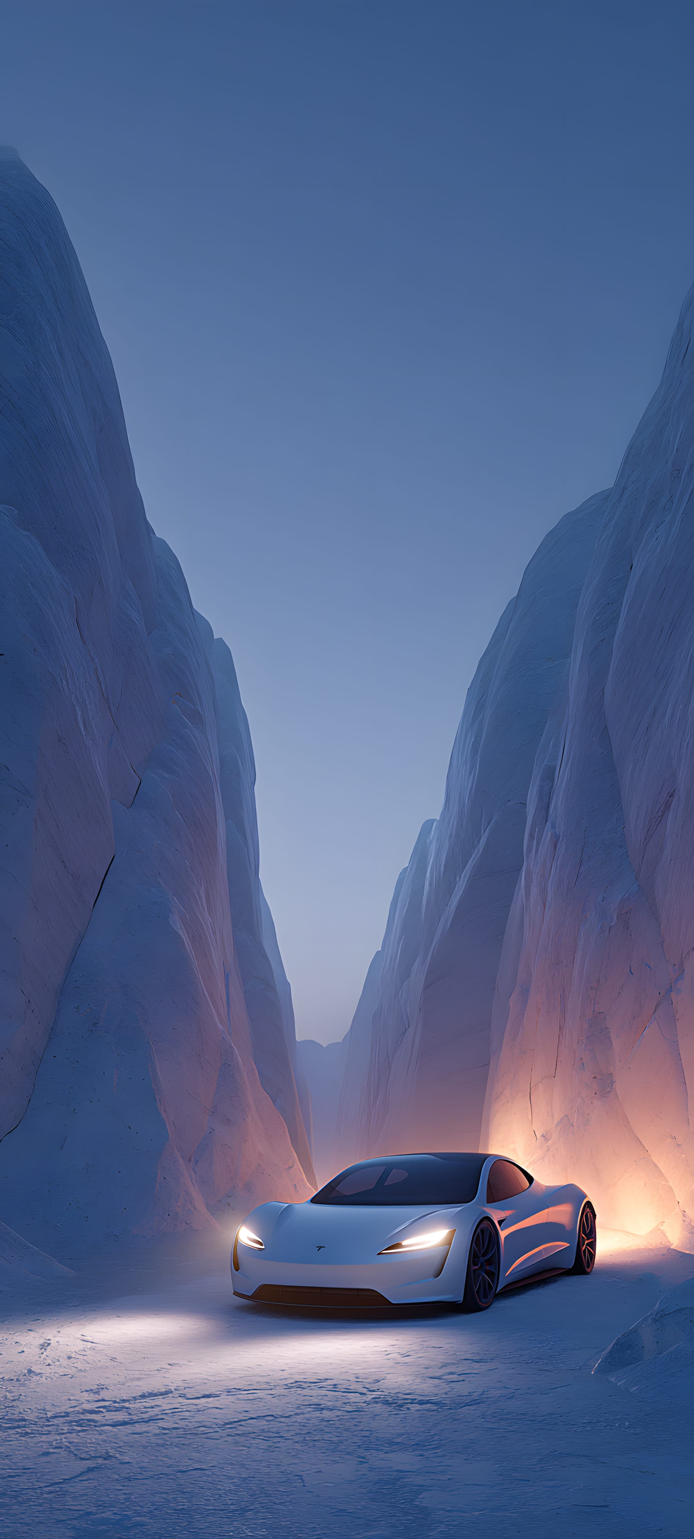 A futuristic car driving through a snowy canyon at dusk, with soft blue and white hues dominating the scene.