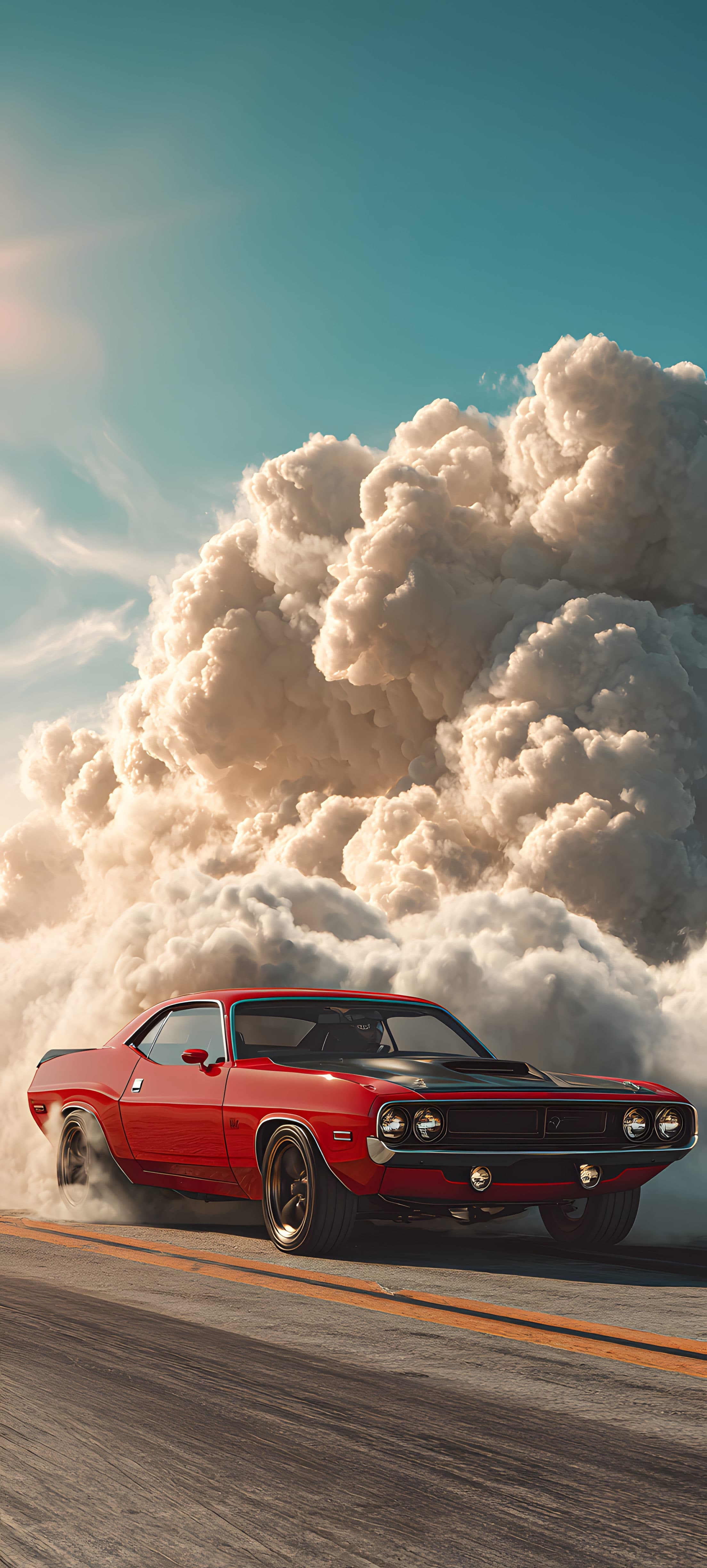 A red vintage muscle car driving through a dramatic cloud of smoke on a clear day.