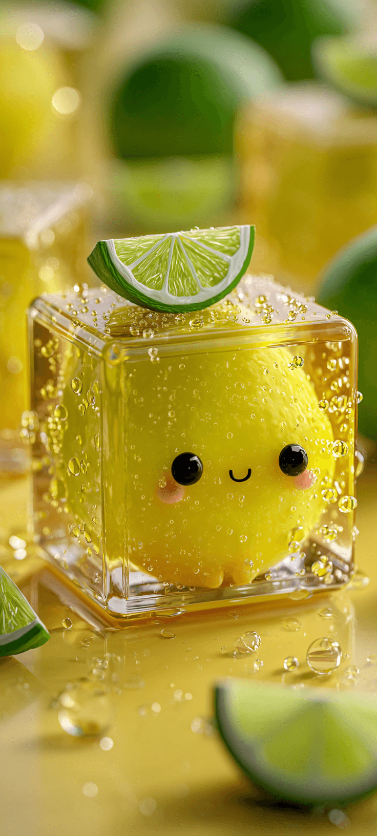 Cheerful lemon cube with lime slice on top, surrounded by fresh lime pieces in a bright yellow and green color palette.