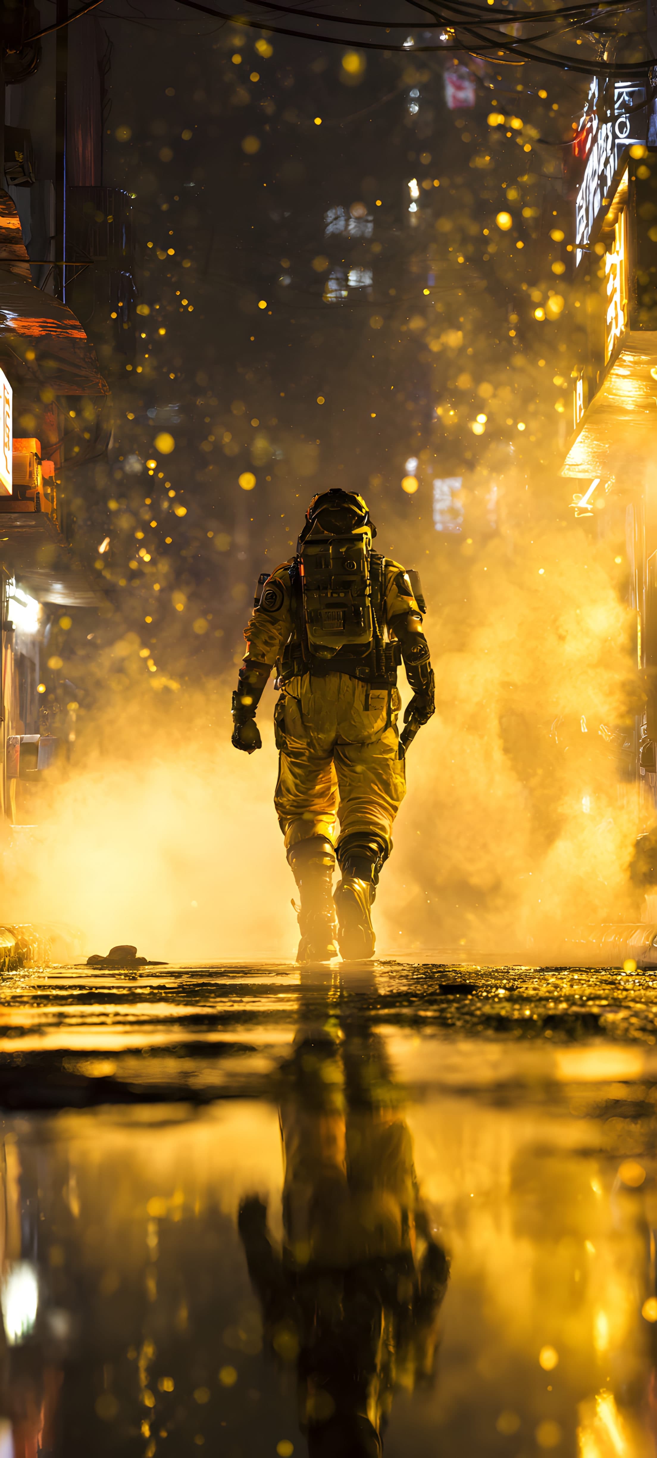 A soldier in a neon-lit city at night, surrounded by glowing lights and reflections on wet pavement.