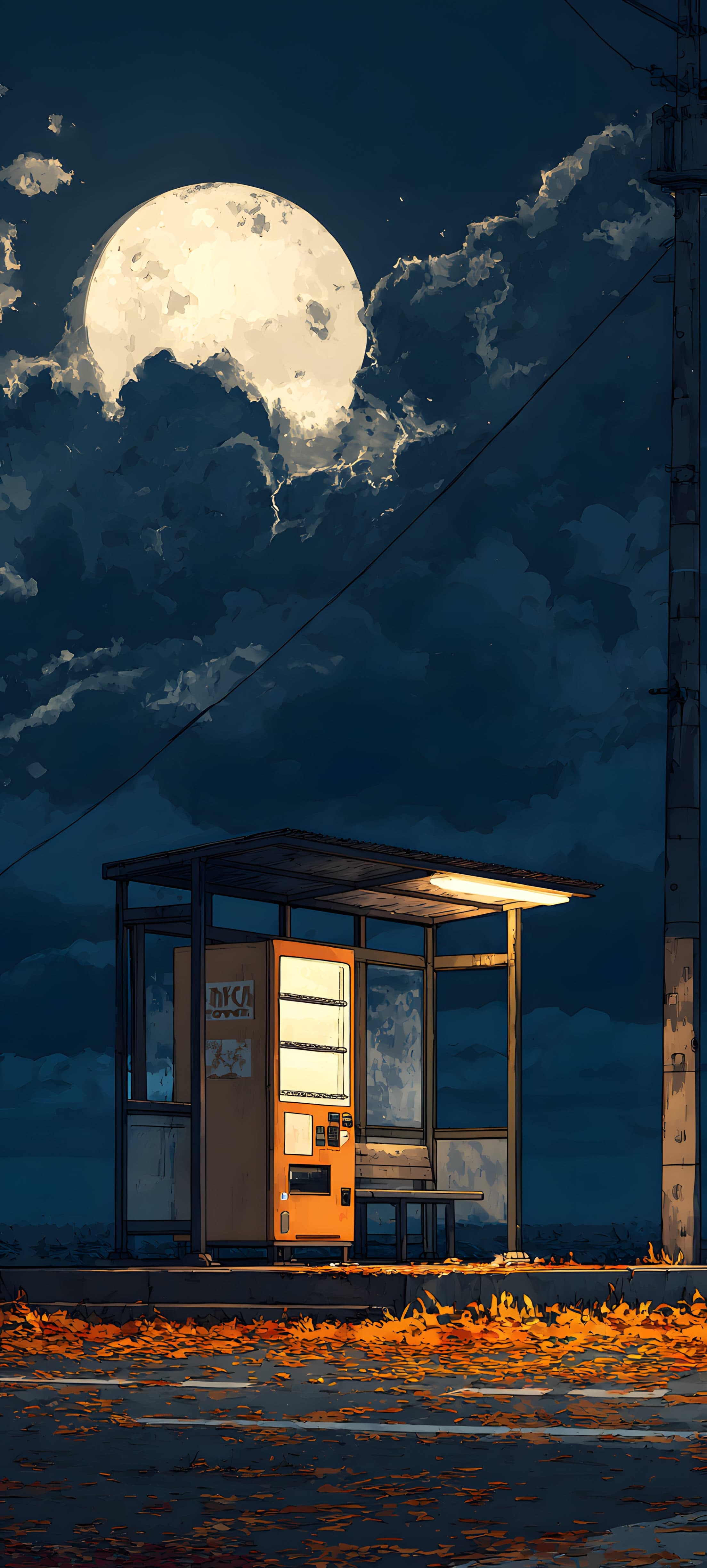 A moonlit nightstand with autumn leaves scattered around, creating a dark and moody aesthetic.
