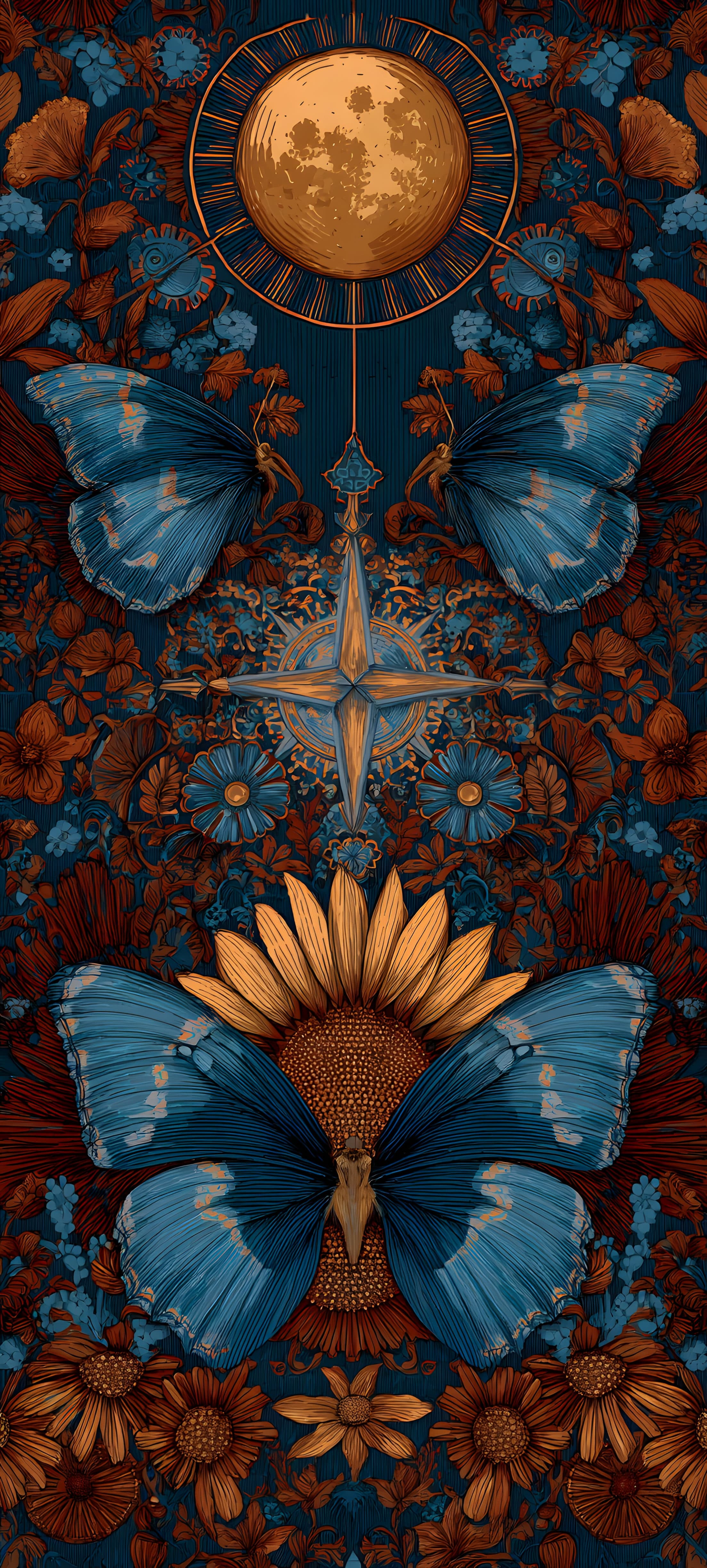 Mystical blue butterfly with intricate patterns, glowing full moon, and dark foliage background