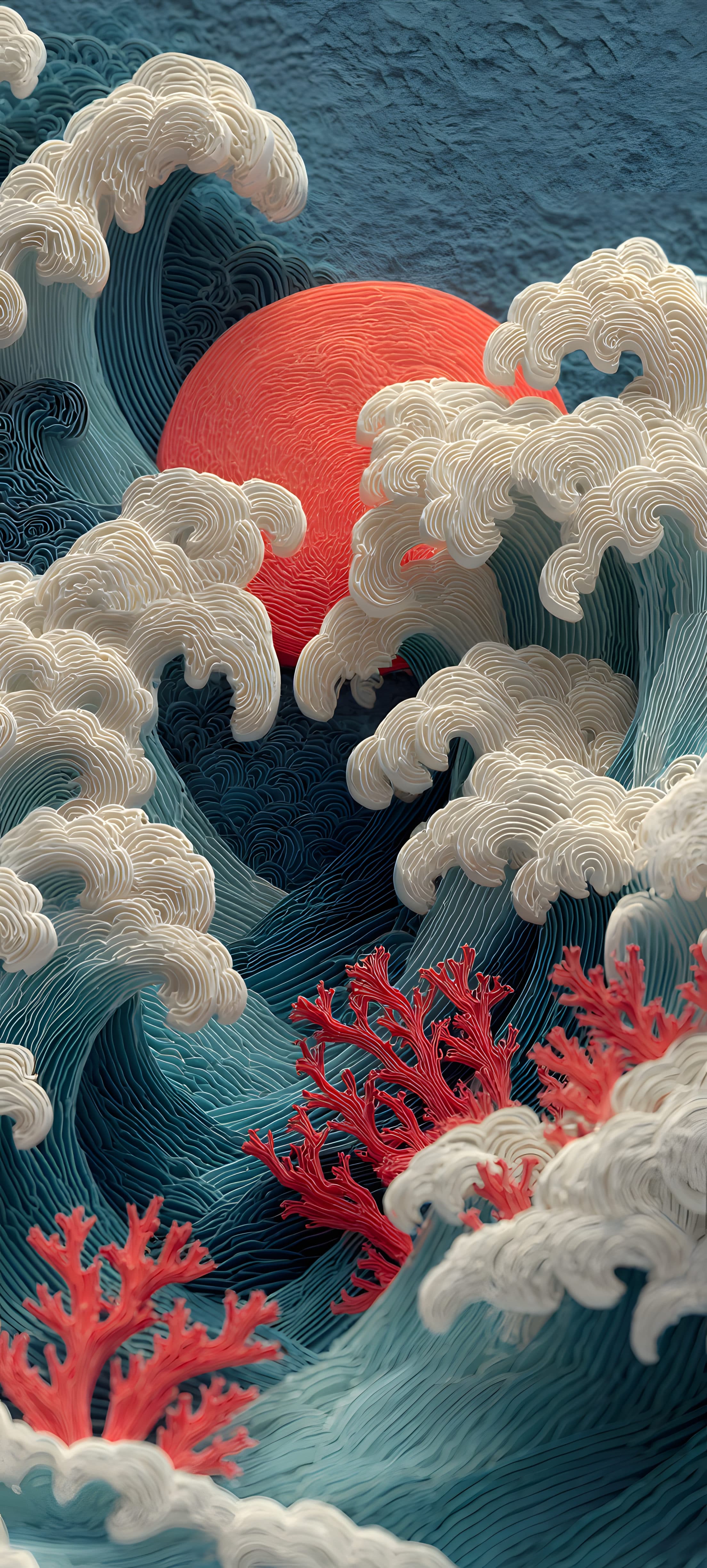 Vibrant red coral reef surrounded by dynamic turquoise waves in an underwater scene.