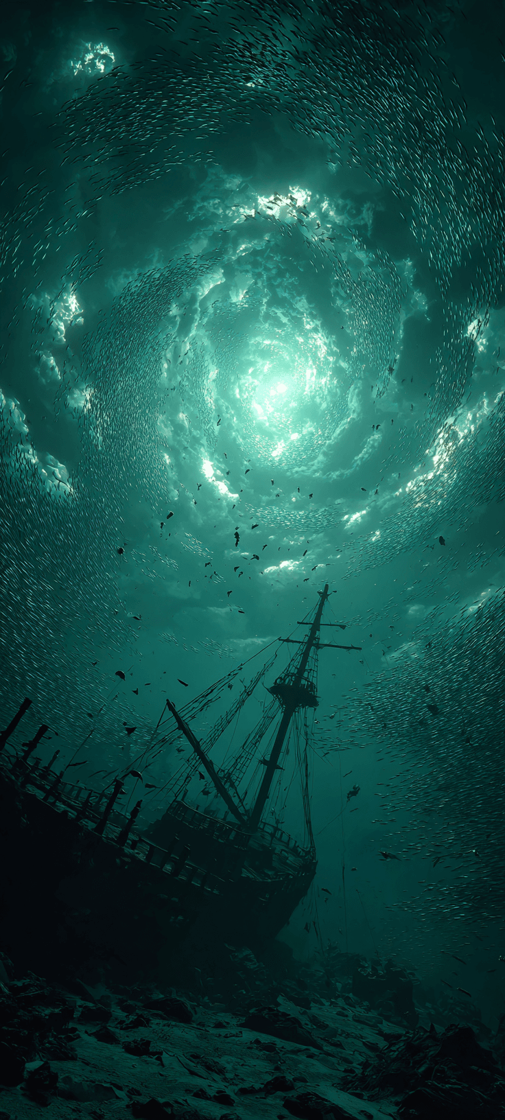 Sunken ship in a mystical blue ocean with a swirling vortex of light underwater.