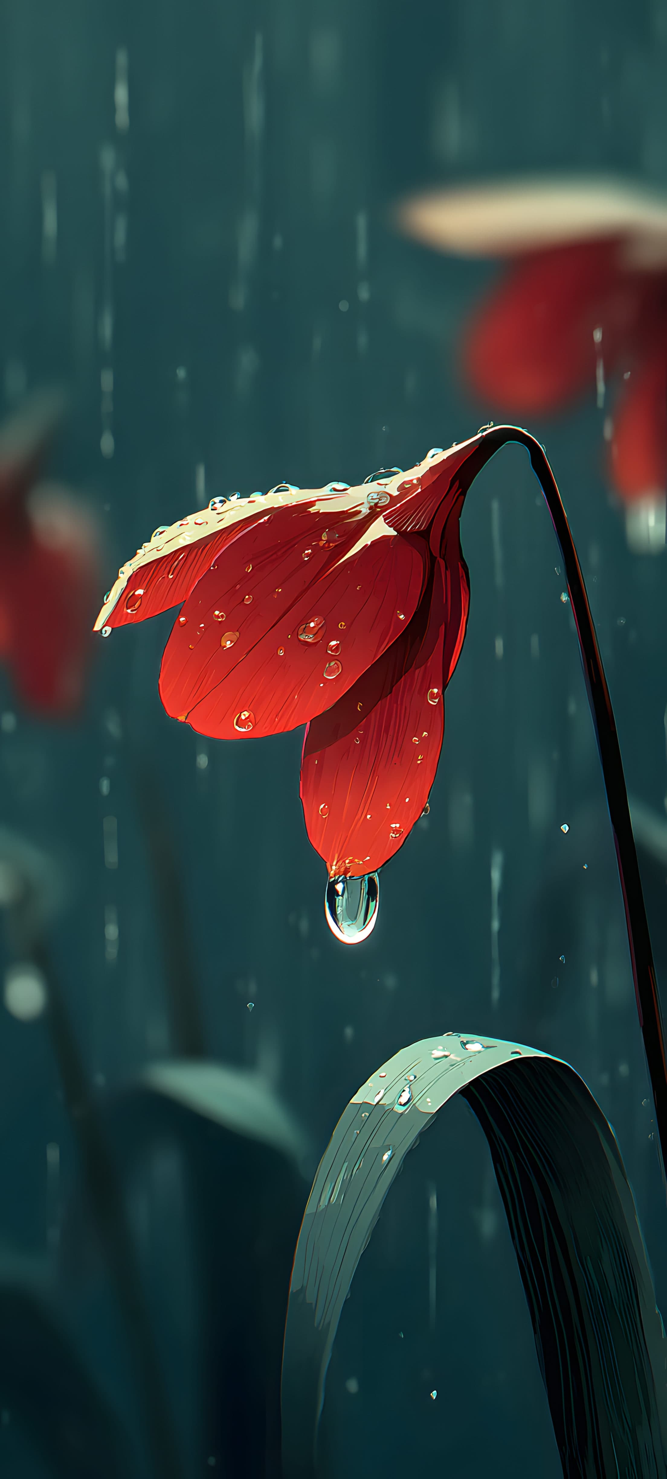 A red iris flower with raindrops under a dark, moody sky, creating a serene and melancholic atmosphere.
