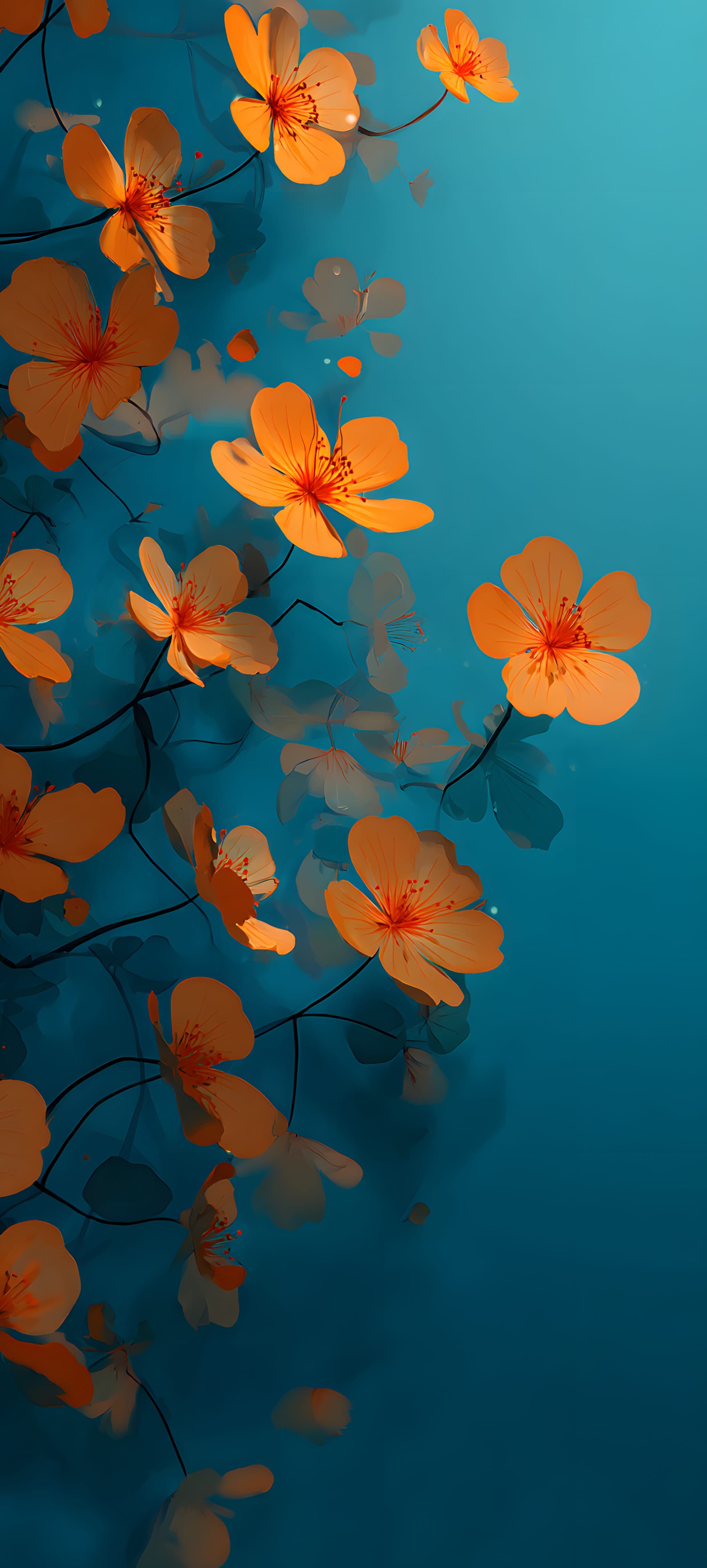 Vibrant orange and pink cherry blossoms against a serene blue background in a digital art style.