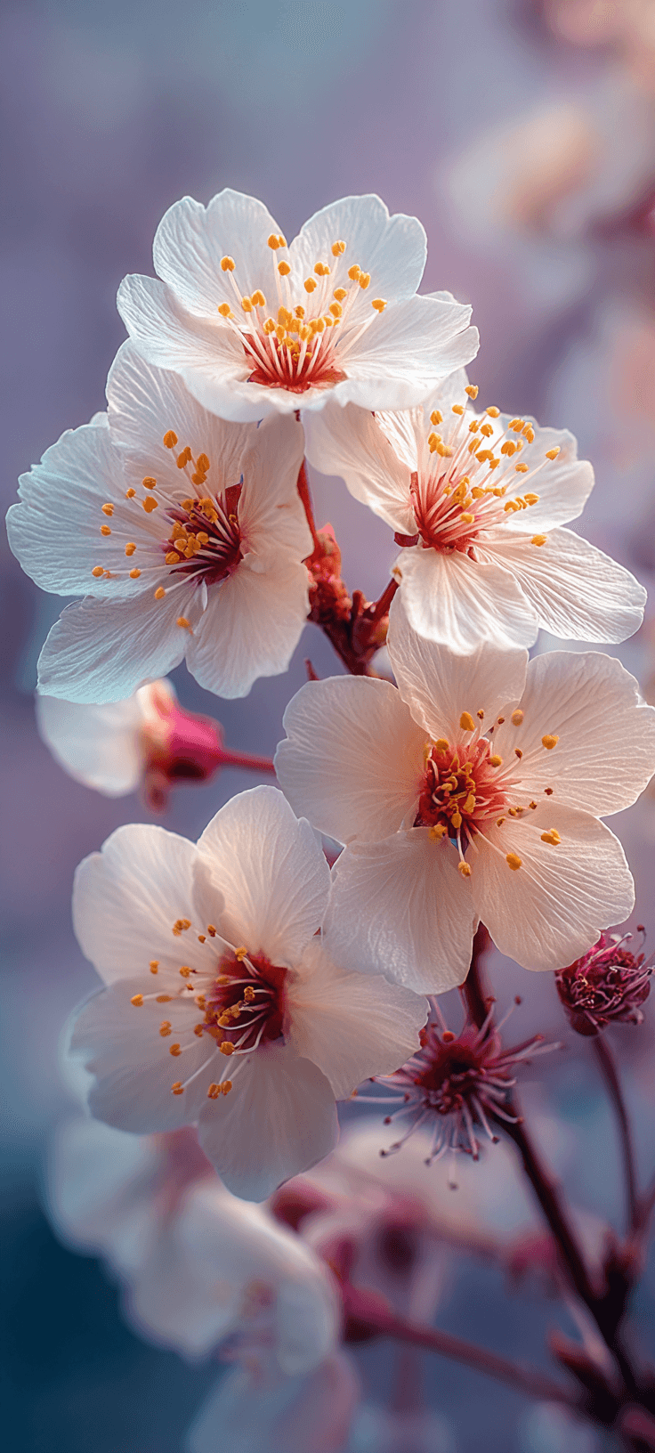 Close-up of delicate pink cherry blossoms in full bloom with soft pastel hues and natural lighting.