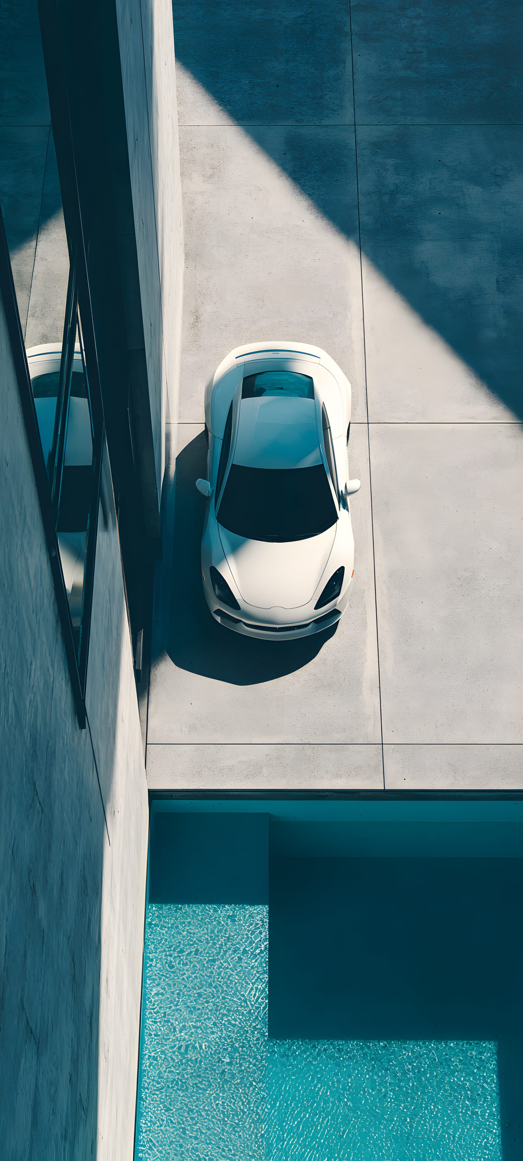 A white car parked on a concrete surface casting a sharp shadow, minimalist urban aesthetic wallpaper
