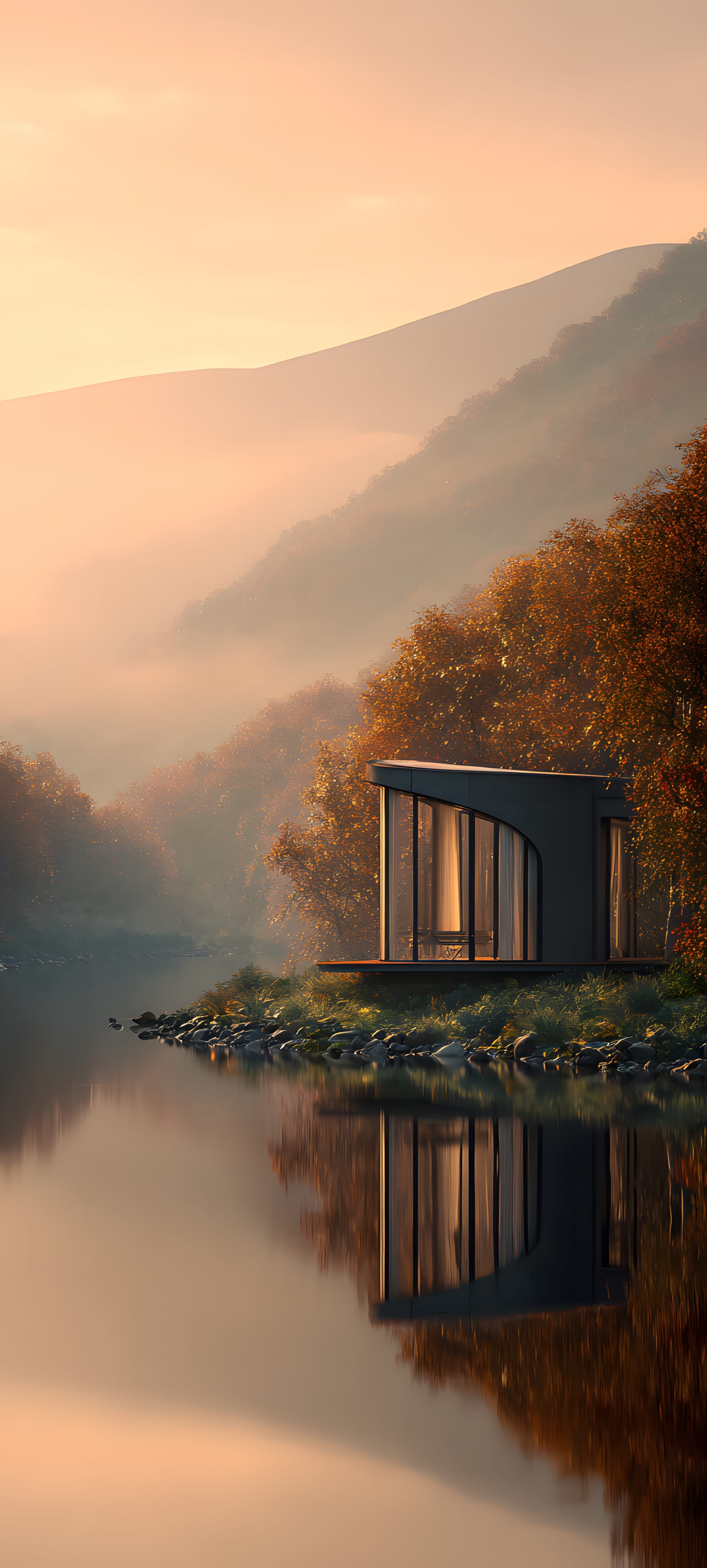 A modern minimalist cabin by a serene lake surrounded by autumn foliage, with warm golden hues and reflective water.