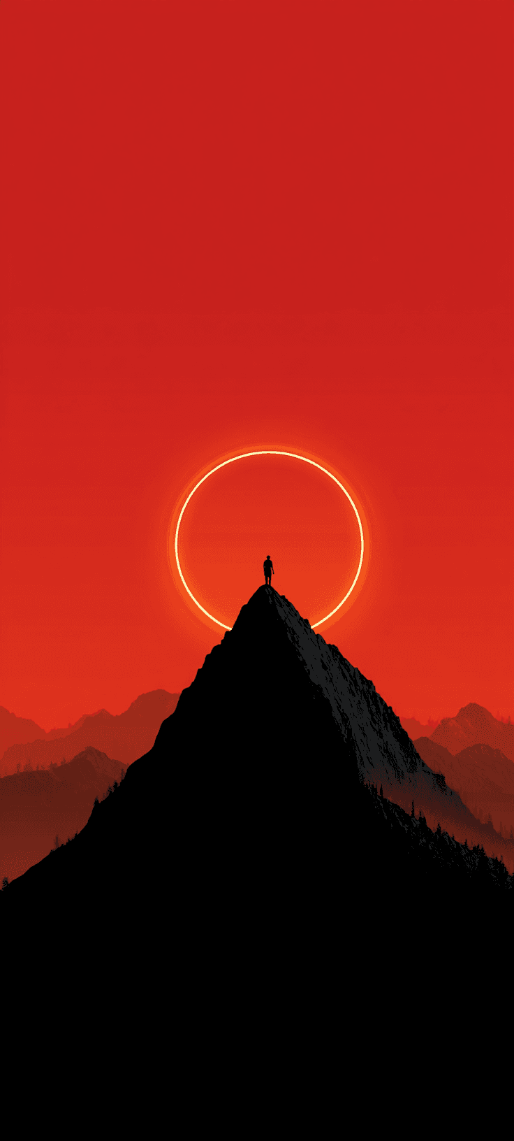 A minimalist silhouette of a mountain peak against a red sunset sky with a glowing red halo effect.
