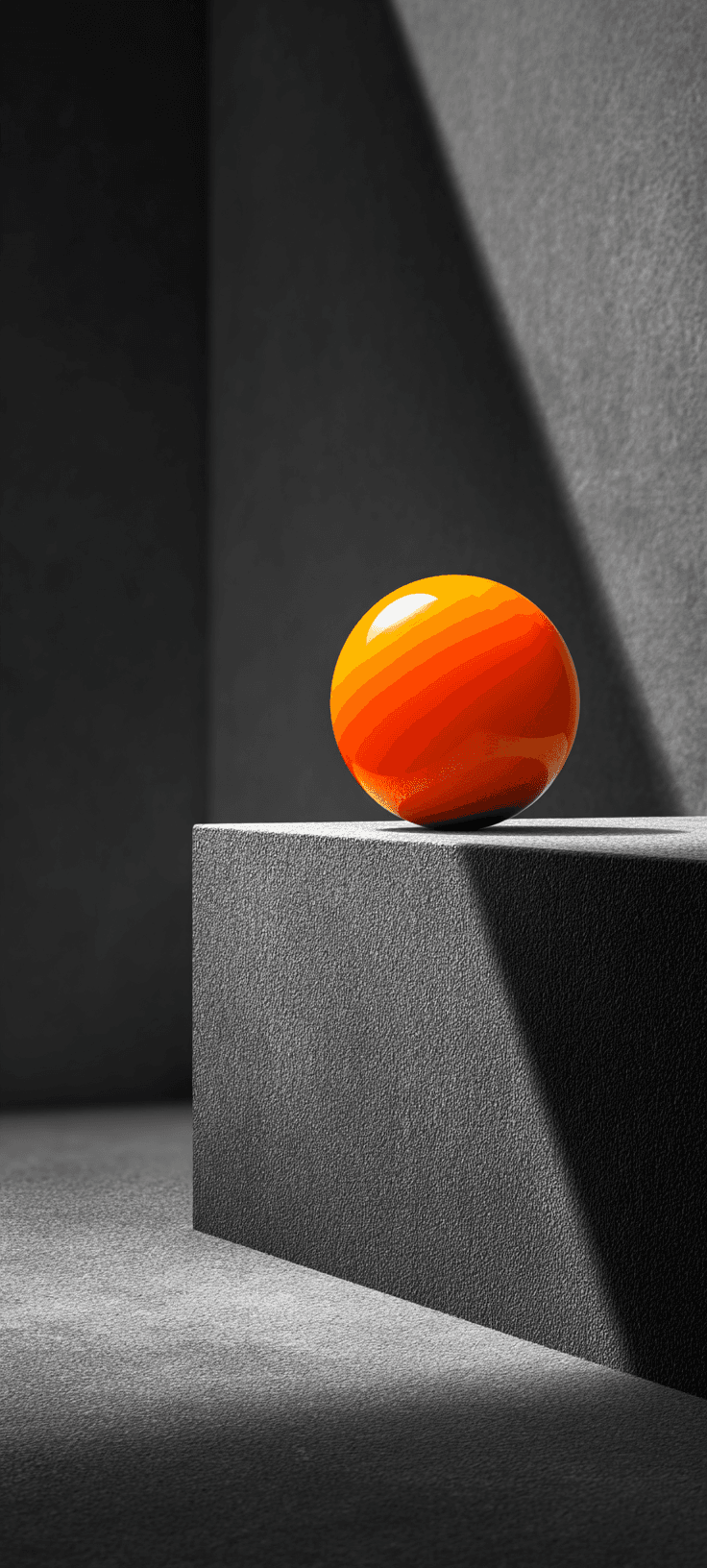 A bright orange sphere on a dark, textured surface with geometric shadows, creating a minimalist and modern aesthetic.
