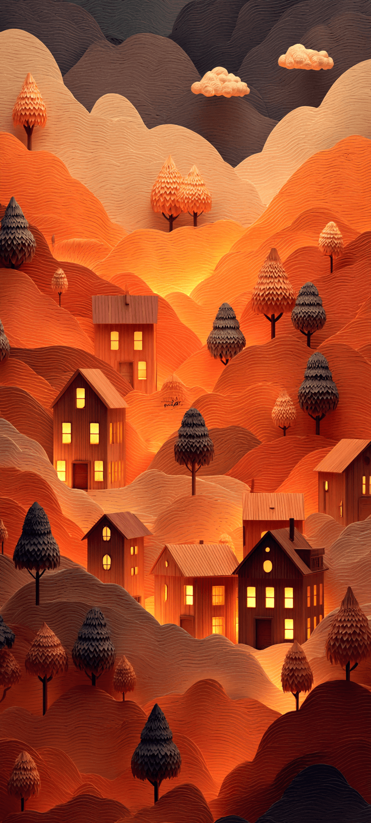 A digital art depiction of a mountain village at sunset with warm colors and cozy houses.