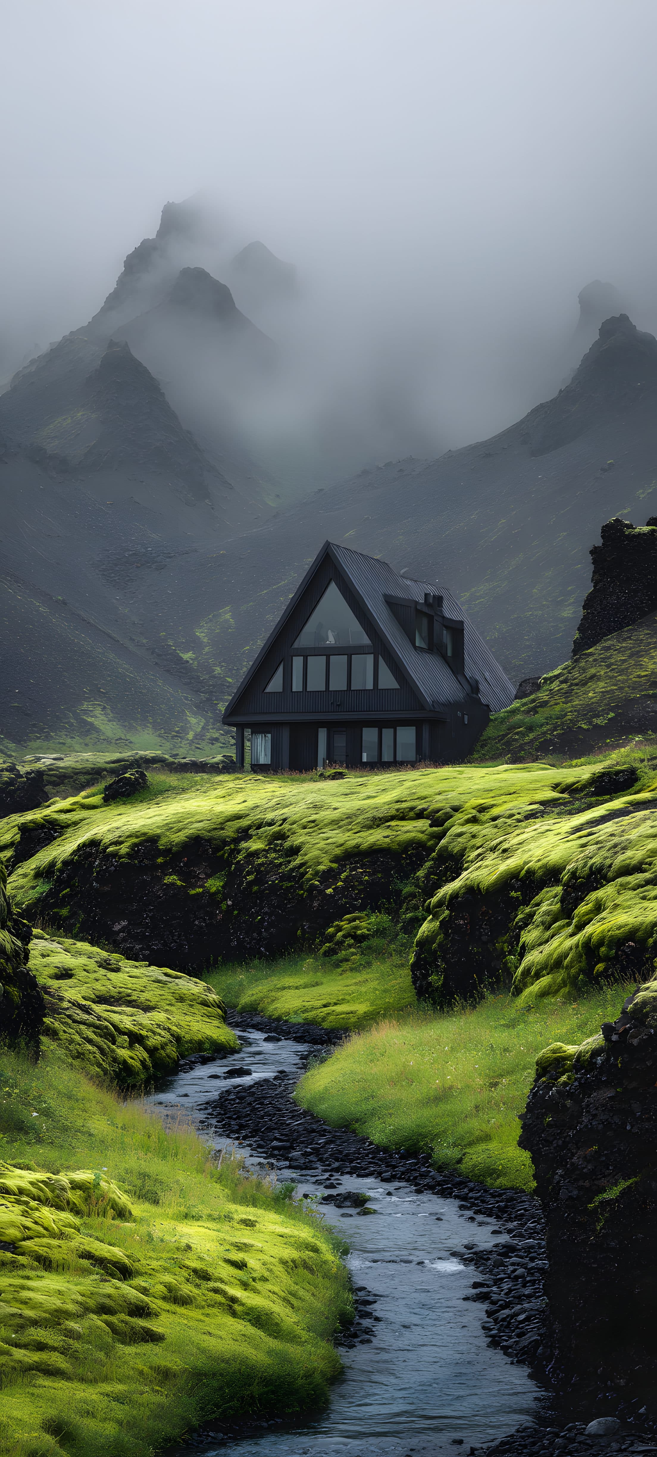 A modern cabin in a lush green landscape with a stream and misty mountains in the background.
