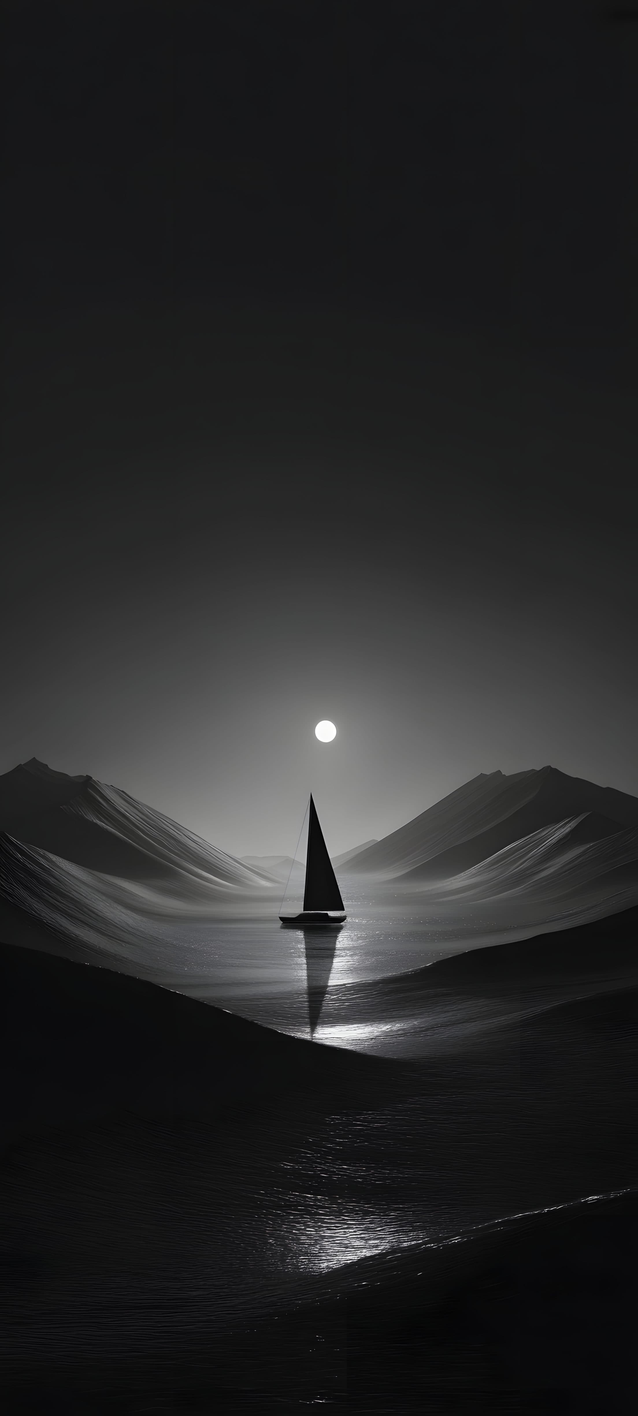 A sailboat silhouette on a moonlit ocean, reflecting on the water with mountains in the background.