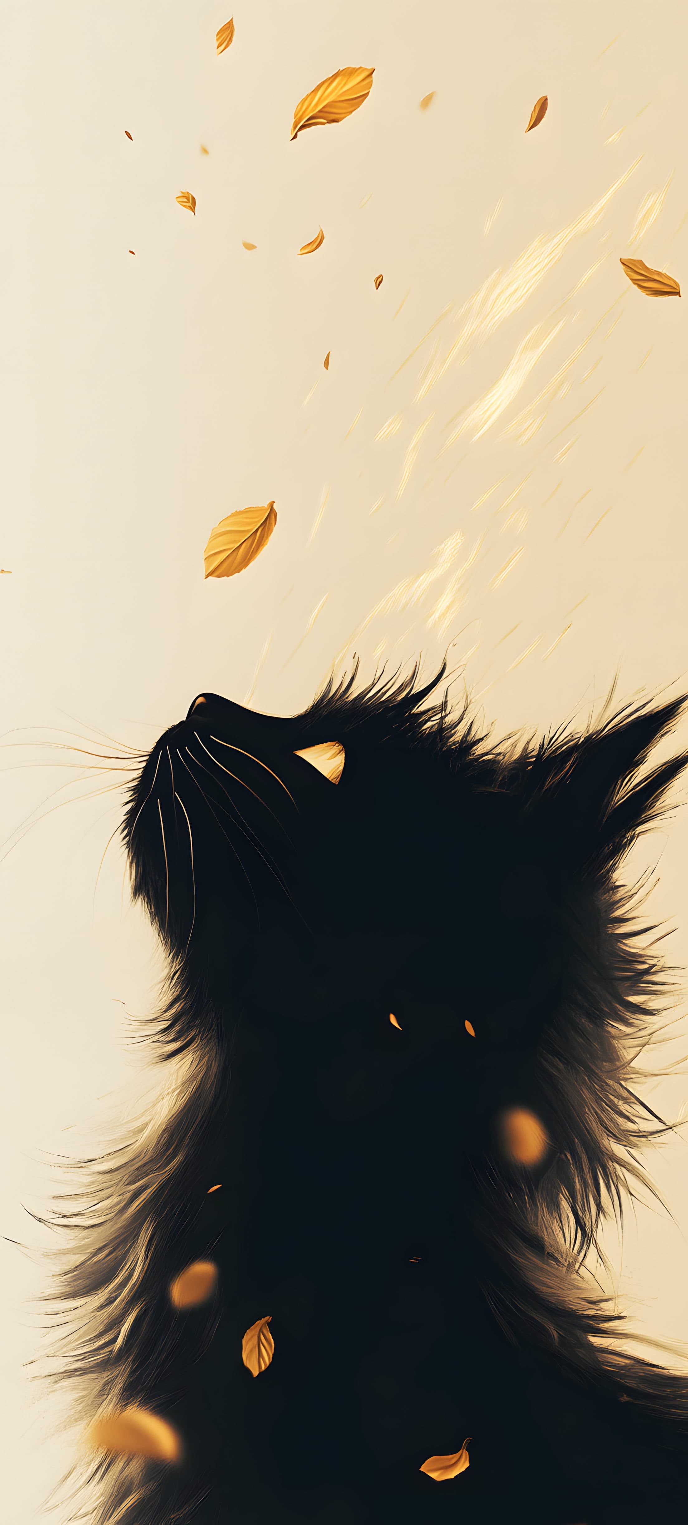 Silhouette of a cat looking up at falling leaves in a warm, golden light.