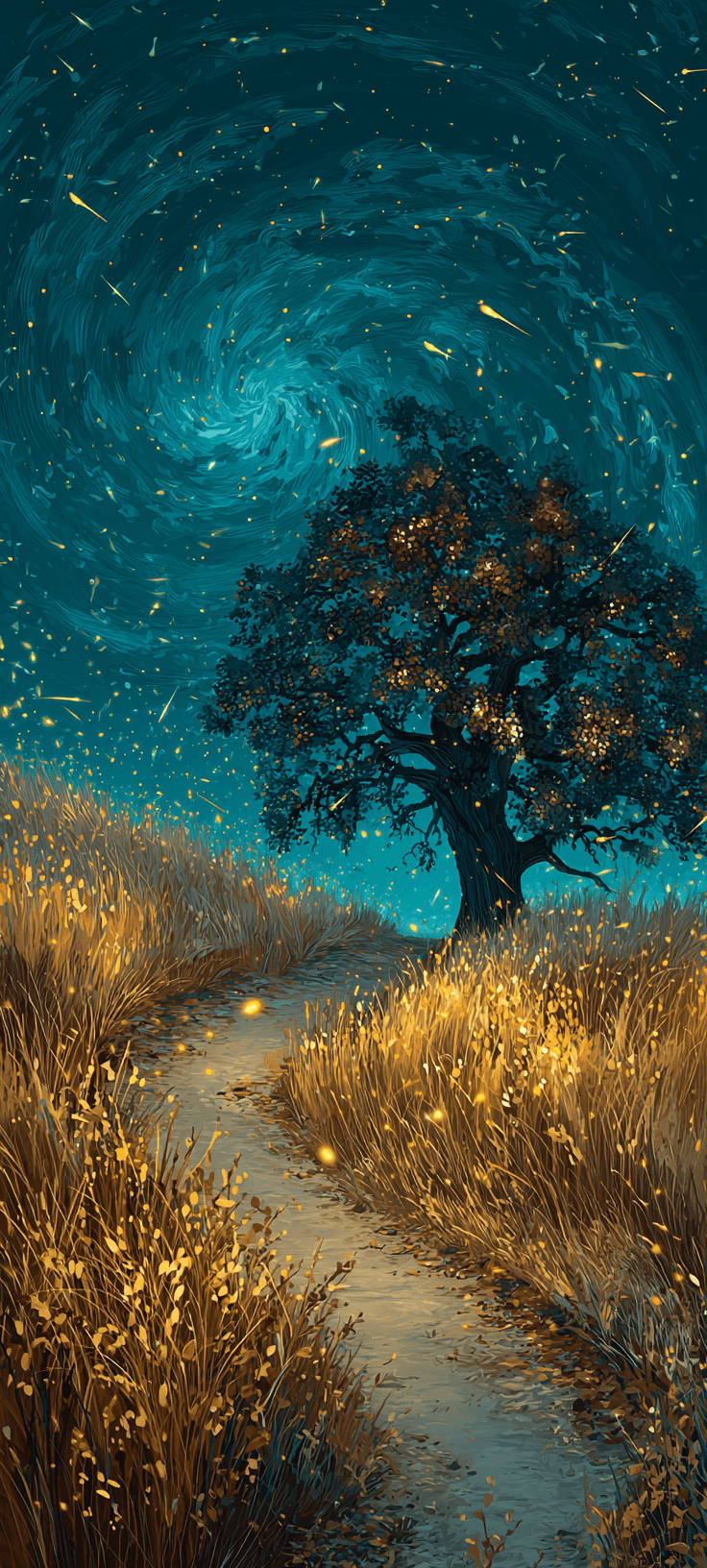 Enchanted autumn forest at dusk with glowing magical tree, winding path through golden grass under swirling starry teal sky, fantasy aesthetic mobile wallpaper