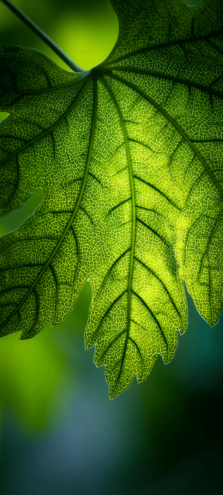 Close-up of a luminous green leaf with intricate vein patterns in soft light