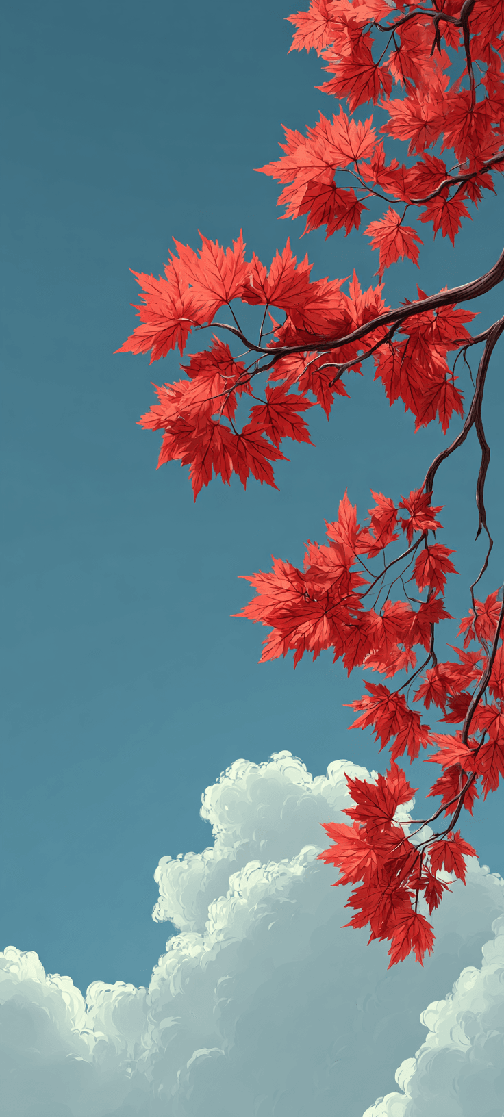 Vibrant red maple leaves against a clear blue sky, creating a striking autumnal mobile wallpaper.