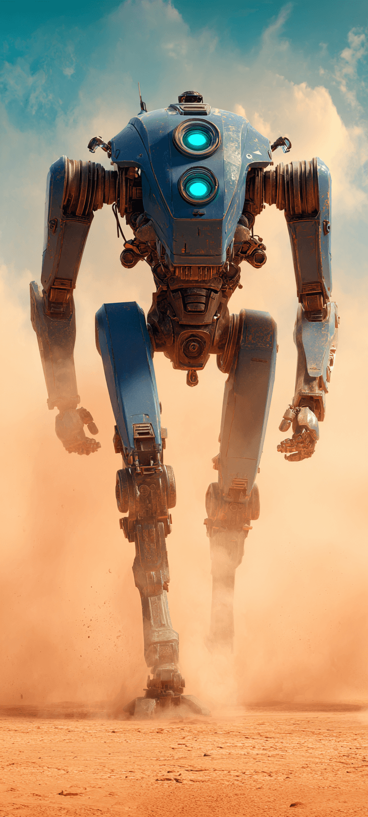 A blue robotic giant stands in a desert with a sunset sky, showcasing futuristic design and glowing lights.