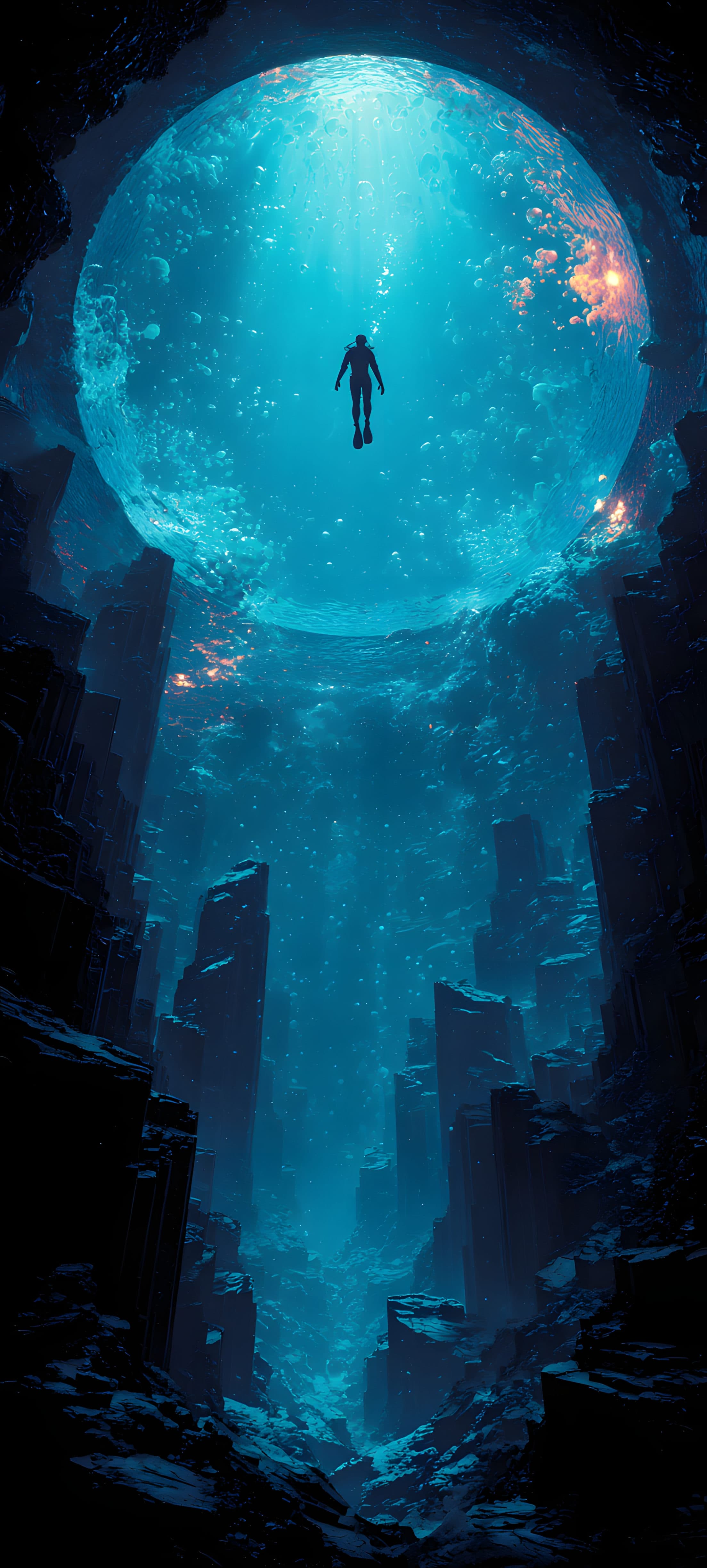 A lone diver exploring a cosmic abyss with towering crystalline structures under a luminous blue sky.