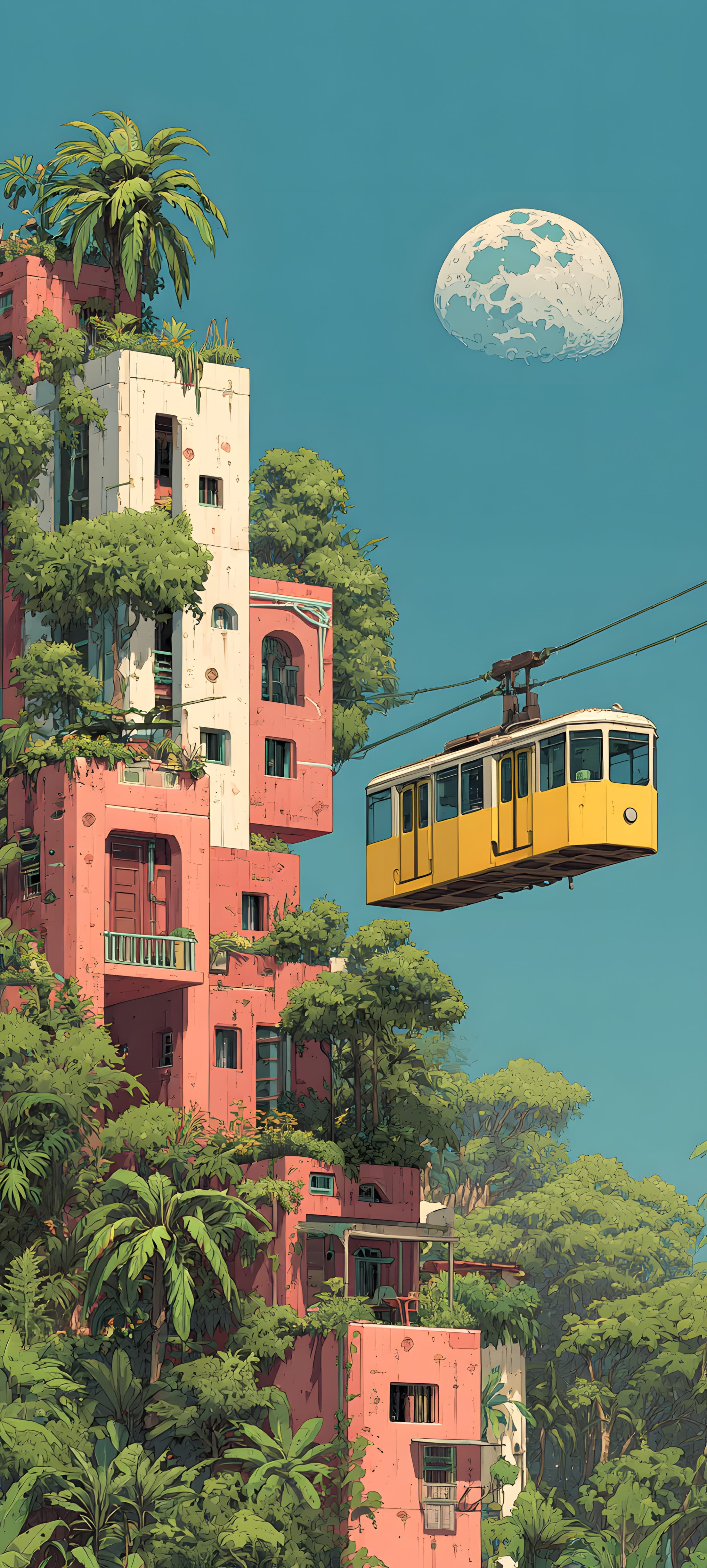 A surreal cityscape with a floating moon and a yellow cable car, surrounded by lush greenery and vibrant buildings.