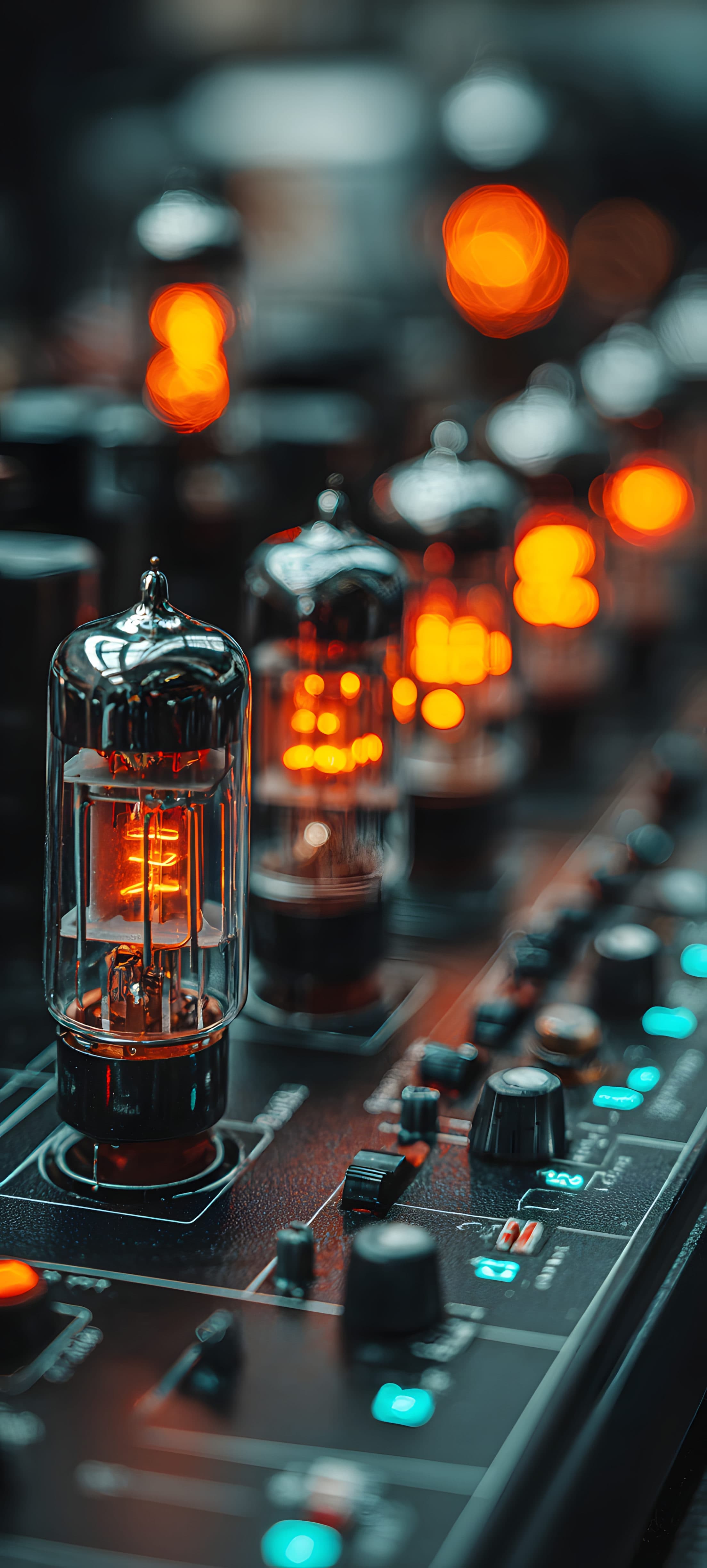 Vintage radio dial with glowing orange and blue lights on a dark background