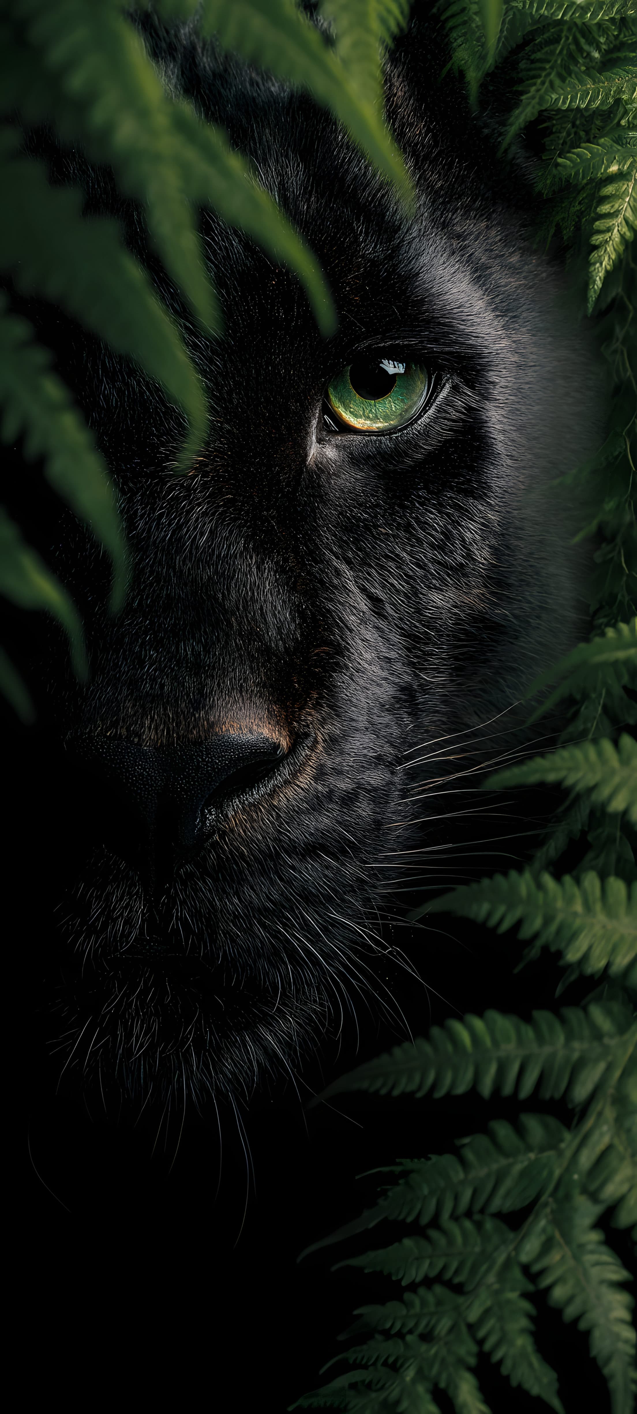 Close-up of a black panther's face hidden behind green ferns, showcasing its piercing green eyes.